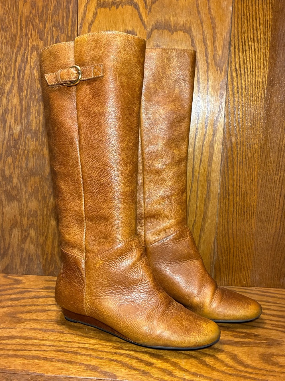 Y2K Steven by Steve Madden Low Wedge Tall Riding Boots Tan Leather Brazil Made 8